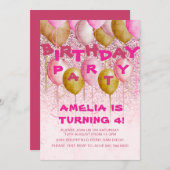バースデーパーティーピンク&金ゴールドバルーングリッター 招待状 (正面/裏面)