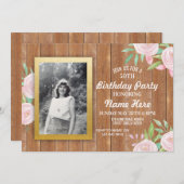 バースデーパーティーフォトフラワーズウッ素朴ド招待状 招待状 (正面/裏面)