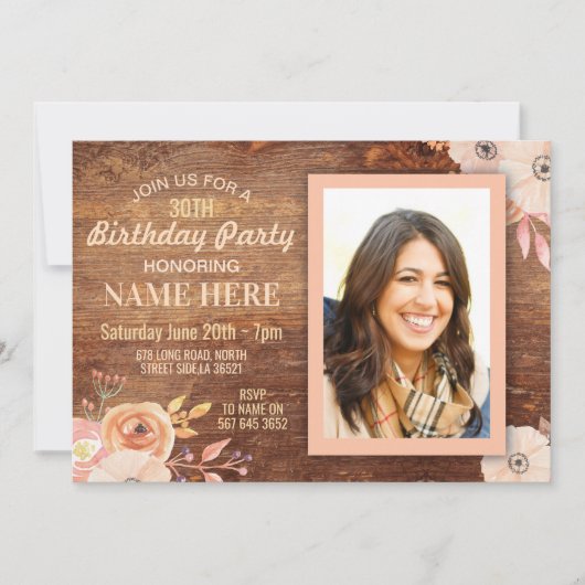 バースデーパーティーフォトフラワーズウッ素朴ド招待状 招待状 (正面)
