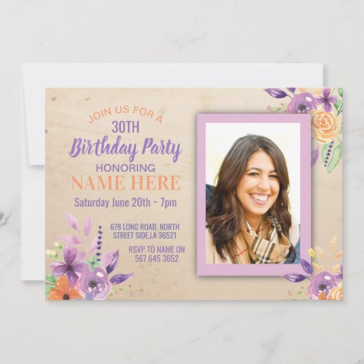 バースデーパーティーフォトフラワーズパープル薄紫招待状 招待状 (正面)