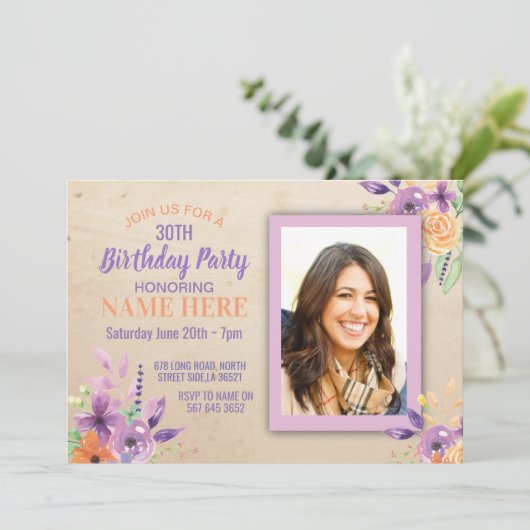 バースデーパーティーフォトフラワーズパープル薄紫招待状 招待状 (スタンド正面)