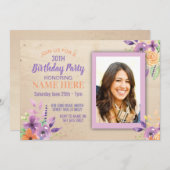 バースデーパーティーフォトフラワーズパープル薄紫招待状 招待状 (正面/裏面)