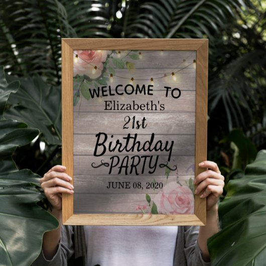 バースデーパーティーフラワーズウッドストリングライトウェルカム ポスター