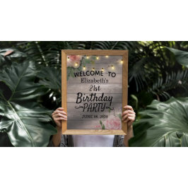バースデーパーティーフラワーズウッドストリングライトウェルカム ポスター