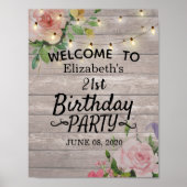バースデーパーティーフラワーズウッドストリングライトウェルカム ポスター (正面)