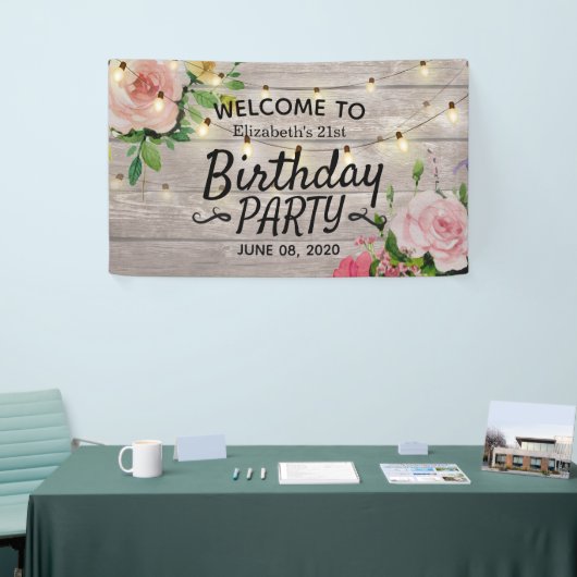 バースデーパーティーフラワーズウッドストリングライトウェルカム 横断幕