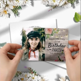 バースデーパーティーフラワーズウッドストリングライトフォト 招待状