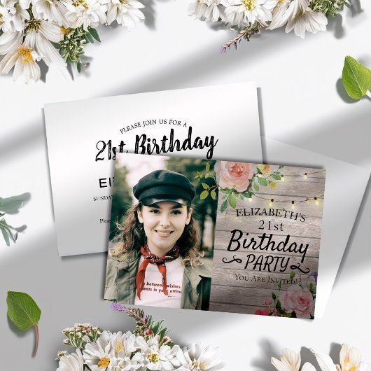 バースデーパーティーフラワーズウッドストリングライトフォト 招待状