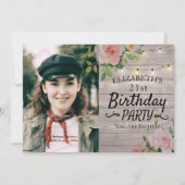 バースデーパーティーフラワーズウッドストリングライトフォト 招待状 (正面)