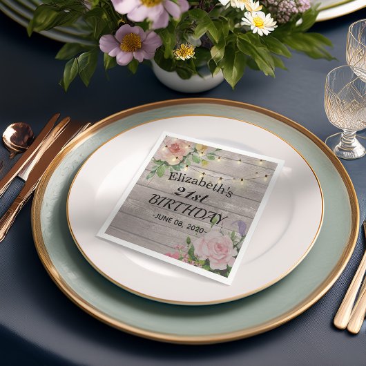 バースデーパーティーフラワーズ素朴ウッドストリングライト スタンダードカクテルナプキン