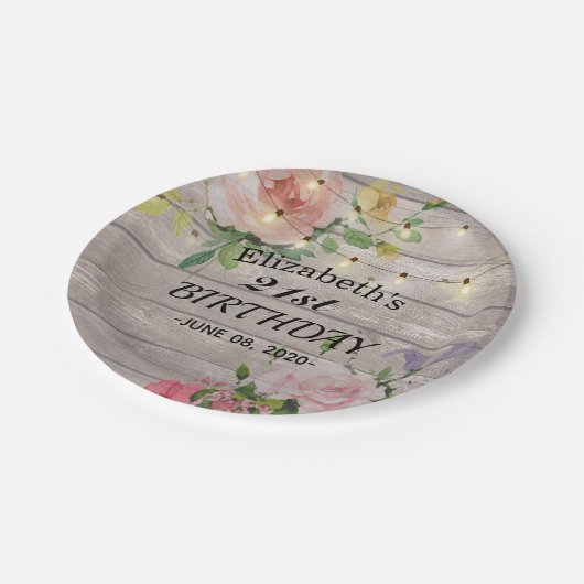 バースデーパーティーフラワーズ素朴ウッドストリングライト ペーパープレート (アングル)