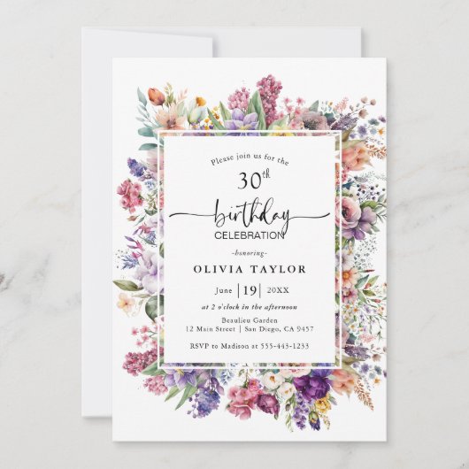 バースデーパーティーフローラガーデンフレームモダン 招待状 (正面)