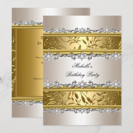 バースデーパーティーフローラクリーム金ゴールドシルバーダイヤモンド 招待状 (正面/裏面)