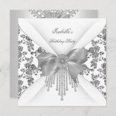 バースデーパーティーフローラシルバーホワイトダイヤモンドボウ 招待状 (正面/裏面)