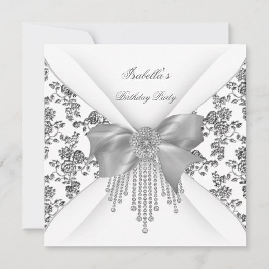バースデーパーティーフローラシルバーホワイトダイヤモンドボウ 招待状 (正面)