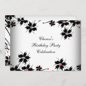 バースデーパーティーフローラレッド白黒 招待状 (正面/裏面)