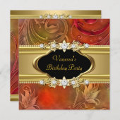 バースデーパーティーフローラレッド金ゴールドブラック 招待状 (正面/裏面)