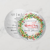 バースデーパーティーフローラ水彩シルバーグリーン金ゴールド 招待状 (正面/裏面)