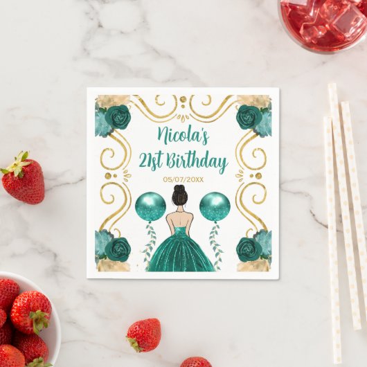 バースデーパーティーブラウンヘアプリンセスインティール(緑がかった色) スタンダードカクテルナプキン (インサイチュ)