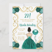 バースデーパーティーブラウンヘアプリンセスインティール(緑がかった色) 招待状 (正面)