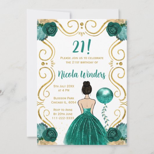 バースデーパーティーブラウンヘアプリンセスインティール（緑がかった色） 招待状 (正面)