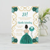 バースデーパーティーブラウンヘアプリンセスインティール(緑がかった色) 招待状 (スタンド正面)