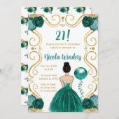バースデーパーティーブラウンヘアプリンセスインティール（緑がかった色） 招待状 (正面/裏面)