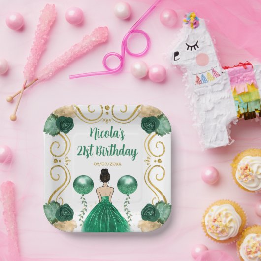 バースデーパーティーブラウンヘアプリンセスイン緑 ペーパープレート (パーティー)