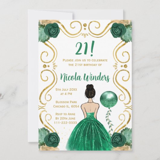 バースデーパーティーブラウンヘアプリンセスイン緑 招待状 (正面)