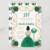 バースデーパーティーブラウンヘアプリンセスイン緑 招待状 (正面/裏面)