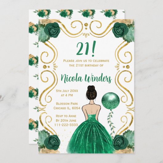 バースデーパーティーブラウンヘアプリンセスイン緑 招待状 (正面/裏面)