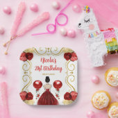 バースデーパーティーブラウンヘアプリンセスイン赤 ペーパープレート (パーティー)