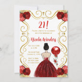 バースデーパーティーブラウンヘアプリンセスイン赤 招待状 (正面)