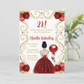 バースデーパーティーブラウンヘアプリンセスイン赤 招待状 (スタンド正面)