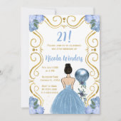 バースデーパーティーブラウンヘアプリンセスイン青 招待状 (正面)