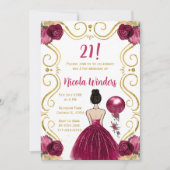 バースデーパーティーブラウンヘアプリンセスインBurgundy 招待状 (正面)