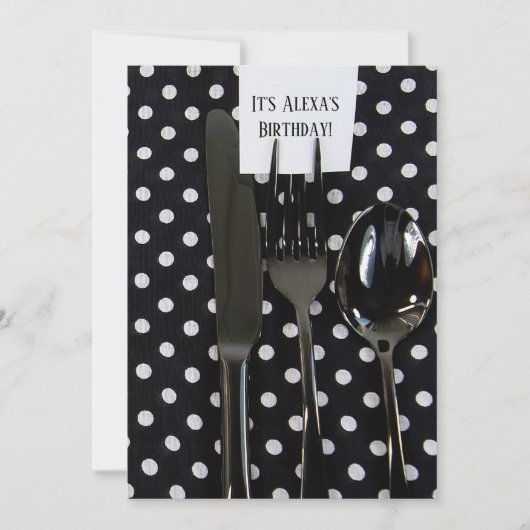 バースデーパーティーブラックの銀器 招待状 (正面)
