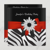 バースデーパーティーブラックゼブラストライプー赤い花 招待状 (正面/裏面)