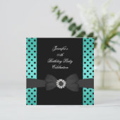 バースデーパーティーブラックティール（緑がかった色）水玉模様ボウ 招待状 (スタンド正面)