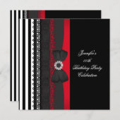 バースデーパーティーブラックレッドホワイトストライプボウ 招待状 (正面/裏面)