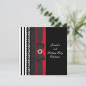 バースデーパーティーブラックレッドホワイトストライプボウ 招待状 (スタンド正面)