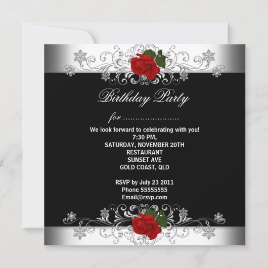 バースデーパーティーブラックレッドローズホワイトフラワー 招待状 (裏面)
