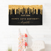 バースデーパーティーブラック金ゴールドグリッタースパークルグラム 横断幕 (インサイチュ)