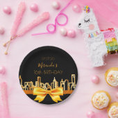 バースデーパーティーブラック金ゴールドシティスカイラインボウ ペーパープレート (パーティー)