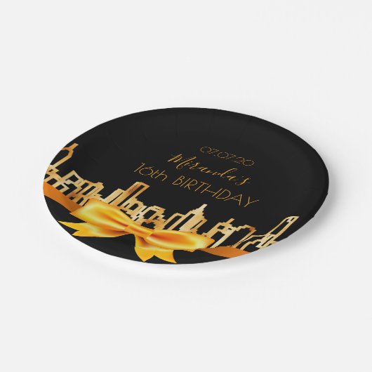 バースデーパーティーブラック金ゴールドシティスカイラインボウ ペーパープレート (アングル)