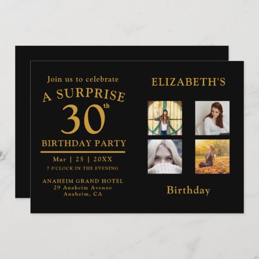 バースデーパーティーブラック金ゴールドフォトコラージュ招待状 招待状 (正面/裏面)