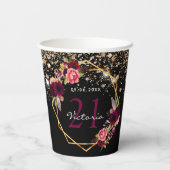 バースデーパーティーブラック金ゴールド花模様グリッターブルゴーニュ 紙コップ (裏面)
