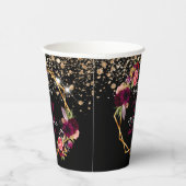 バースデーパーティーブラック金ゴールド花模様グリッターブルゴーニュ 紙コップ (右)