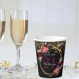 バースデーパーティーブラック金ゴールド花模様グリッターブルゴーニュ 紙コップ