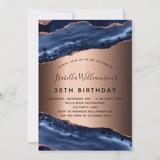 バースデーパーティーブルーアガテ大理石バラ金ゴールドラグジュアリー 招待状 (正面)